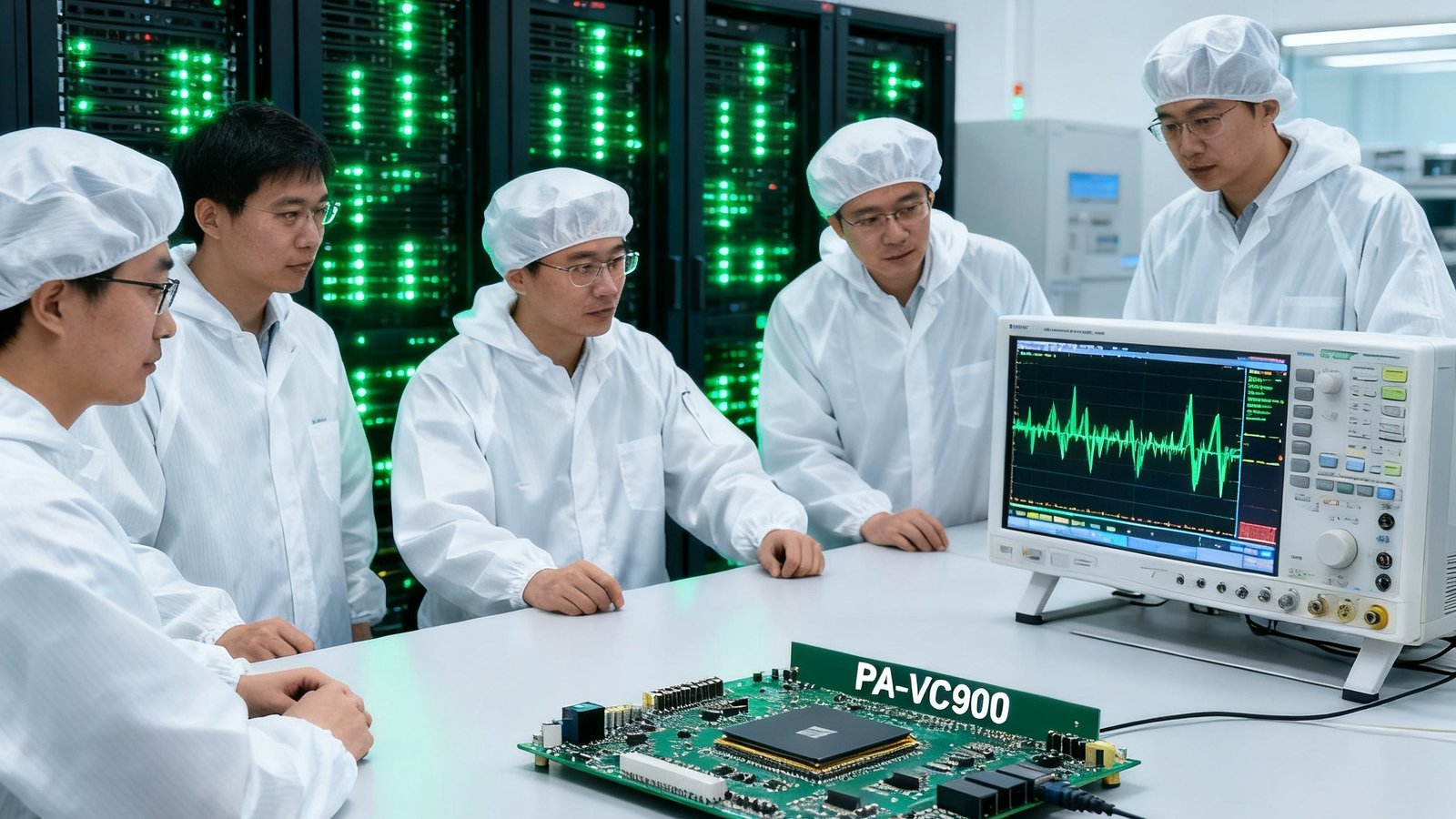 PA国际厅平台上海研发中心实验室内景：六位身穿白色防静电服的工程师正围在一张宽大的实验台前，台面上放置着一块正在测试的PA-VC900芯片开发板，示波器屏幕上显示着高速信号波形，背景中可以看到一排闪烁着绿色指示灯的服务器机柜，实验室灯光为冷白色调。